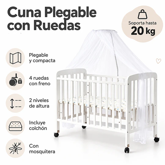 Cuna Plegable Con Ruedas Blanca Madera Maciza Kidscool Con Colchón Y Mosquitero -Preventa 04 de Noviembre