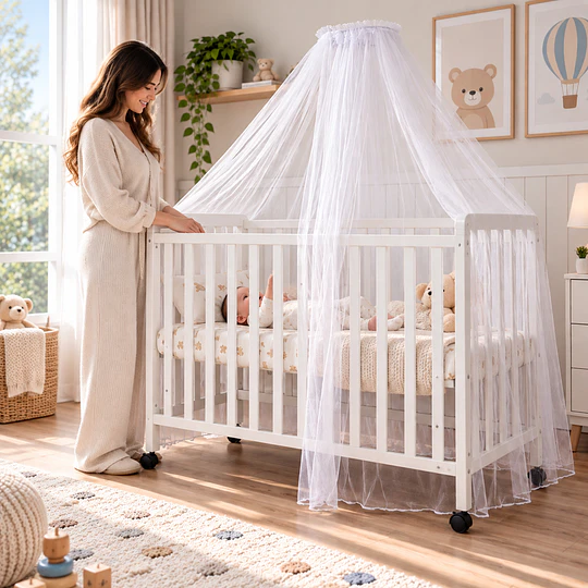 Cuna Plegable Con Ruedas Blanca Madera Maciza Kidscool Con Colchón Y Mosquitero -Preventa 04 de Noviembre