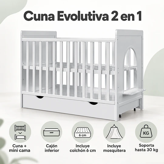 Cuna 2 Funciones Evolutiva Blanca Madera Kidscool Con Colchón -Preventa 04 de Noviembre