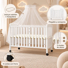 Cuna Plegable Con Ruedas Blanca Madera Maciza Kidscool Con Colchón Y Mosquitero -Preventa 04 de Noviembre