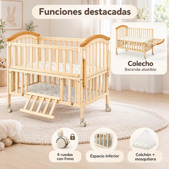 Cuna Colecho Corral Madera Natural con Mudador Kidscool -Preventa 04 de Noviembre 