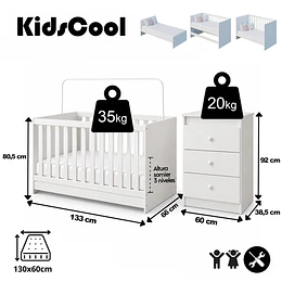Cuna Colecho Multifuncional 4 en 1 Kidscool Blanca con Cómoda 3 Cajones -Preventa 14 de Noviembre