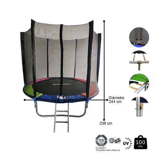 Retiro Express-Cama Elástica Infantil 8 Pies (2,44 m) Kidscool Rainbow con Malla de Seguridad y Escalera 