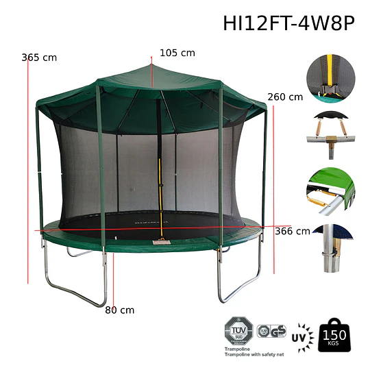 Retiro Express-Cama Elástica Verde Kidscool con Techo 12 Pies (3.66 mts / 150 kg)