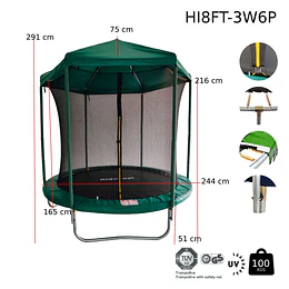 Retiro Express-Cama Elástica Infantil 8 Pies (2,44m) Kidscool Verde con Techo Protector y Sistema T-Bar