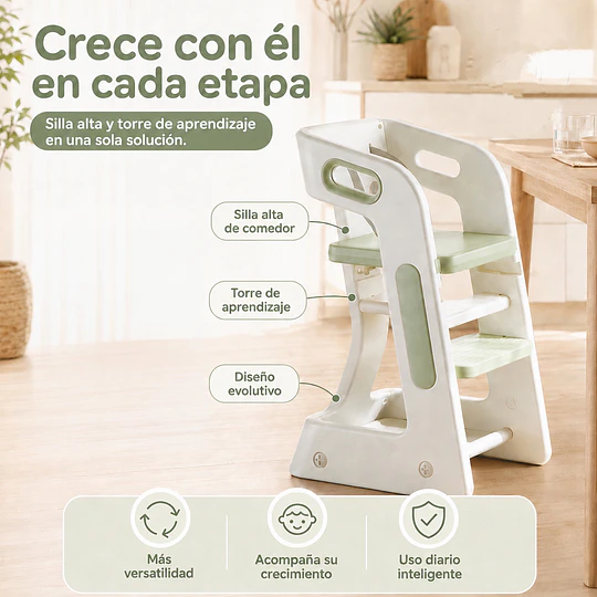 Retiro Express-Silla Alta Comedor Infantil y Torre de Aprendizaje Plástico Verde Menta / Gris 80x42x51 cm