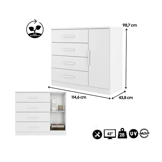 Cómoda Cajonera Blanca 1 puerta 98.7x114.6x43.8 cm MDP 4 Cajones