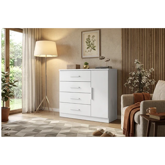 Cómoda Cajonera Blanca 1 puerta 98.7x114.6x43.8 cm MDP 4 Cajones