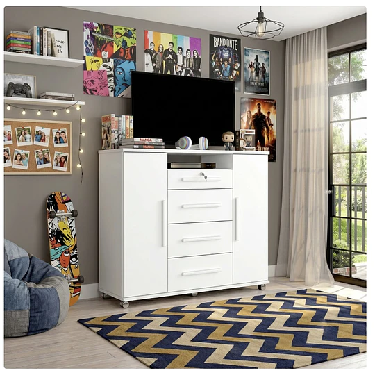 Cómoda Multifuncional Blanca 119x135x44.8 cm MDP 4 Cajones 2 Puertas