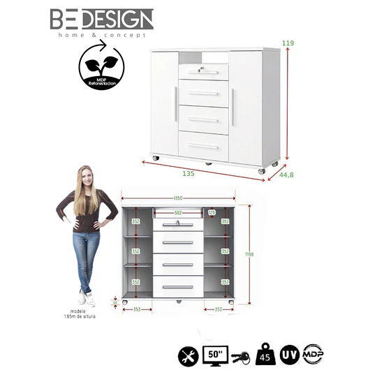 Cómoda Multifuncional Blanca 119x135x44.8 cm MDP 4 Cajones 2 Puertas