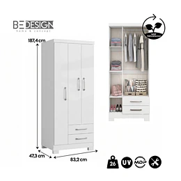 Clóset Ropero Francia Blanco 3 Puertas 2 Cajones MDP 187.4x83.2x47.3 cm