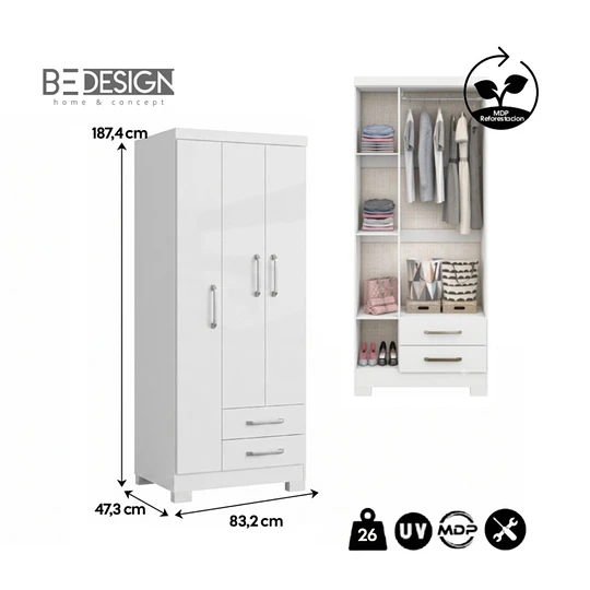 Clóset Ropero Francia Blanco 3 Puertas 2 Cajones MDP 187.4x83.2x47.3 cm