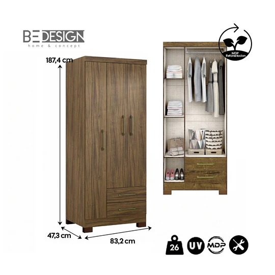 Clóset Ropero Francia Canela 3 Puertas 2 Cajones MDP 187.4x83.2x47.3 cm