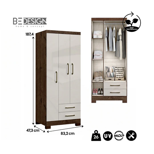 Clóset Ropero Canela Arena 3 Puertas 2 Cajones MDP 187.4x83.2x47.3 cm