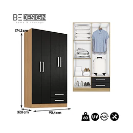 Clóset Ropero 4 Puertas 2 Cajones Canela Negro 174.3x90.4x37.8 cm MDP