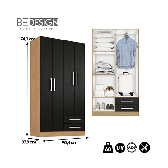 Clóset Ropero 4 Puertas 2 Cajones Canela Negro 174.3x90.4x37.8 cm MDP