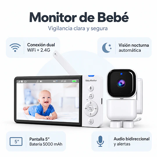 Monitor de Bebé Cámara Video 2.4G Wifi Pantalla Color 5