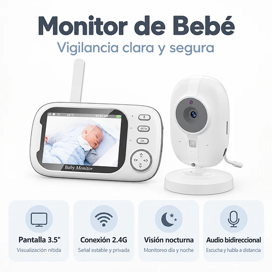 Monitor de Bebé Cámara Video Inalámbrico 2.4G Pantalla 3.5 Pulgadas Kidscool Blanco - Monitor Bebé Nocturno Audio Bidireccional 