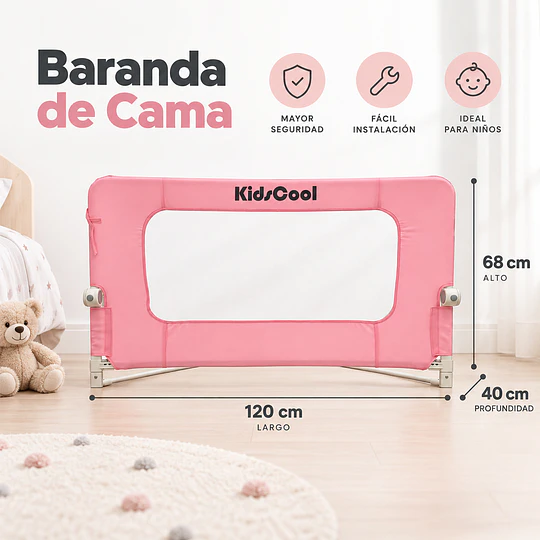 Baranda de Cama Infantil 1.2M Anti Caídas Abatible Kidscool Rosa - Protección de Seguridad