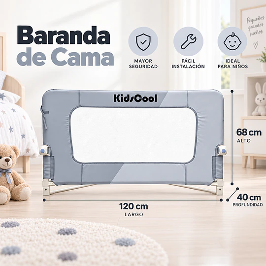 Baranda de Cama Infantil 1.2M Anti Caídas Abatible Kidscool Gris - Protección de Seguridad