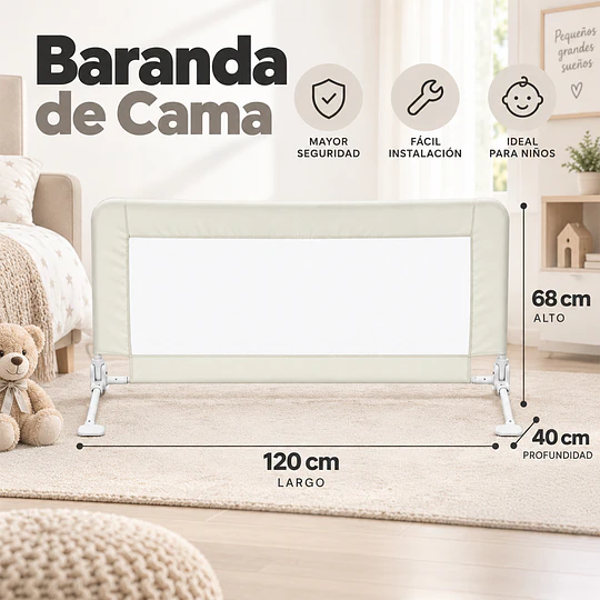 Baranda de Cama Infantil 1.2M Anti Caídas Abatible Kidscool Blanco - Protección de Seguridad para Niños 