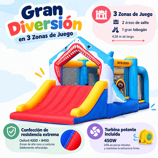 Castillo Inflable Infantil Grande Tiburón Kidscool con 3 Zonas de Juego, Tobogán y Soplador 450W