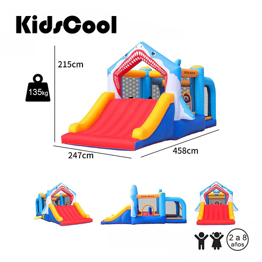 Castillo Inflable Infantil Grande Tiburón Kidscool con 3 Zonas de Juego, Tobogán y Soplador 450W