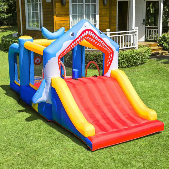 Castillo Inflable Infantil Grande Tiburón Kidscool con 3 Zonas de Juego, Tobogán y Soplador 450W