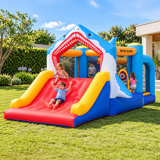 Castillo Inflable Infantil Grande Tiburón Kidscool con 3 Zonas de Juego, Tobogán y Soplador 450W