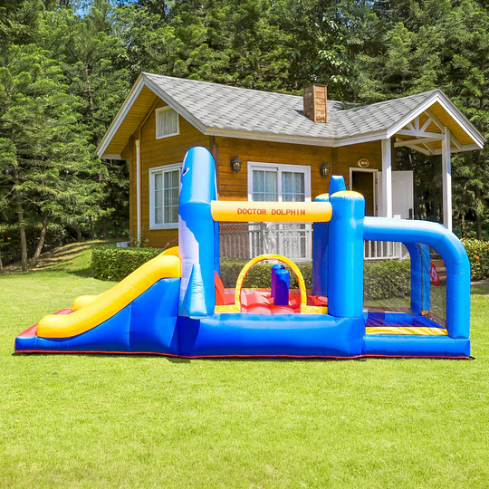 Castillo Inflable Infantil Grande Tiburón Kidscool con 3 Zonas de Juego, Tobogán y Soplador 450W