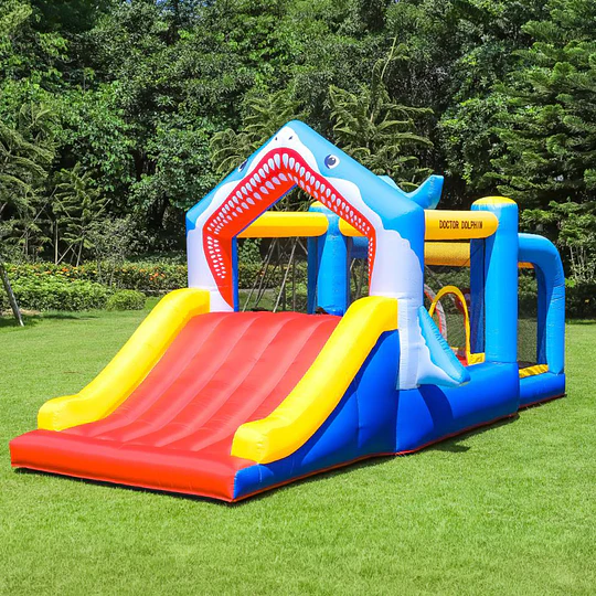 Castillo Inflable Infantil Grande Tiburón Kidscool con 3 Zonas de Juego, Tobogán y Soplador 450W