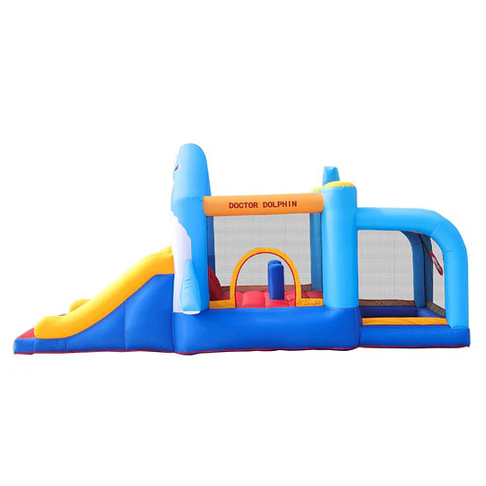 Castillo Inflable Infantil Grande Tiburón Kidscool con 3 Zonas de Juego, Tobogán y Soplador 450W