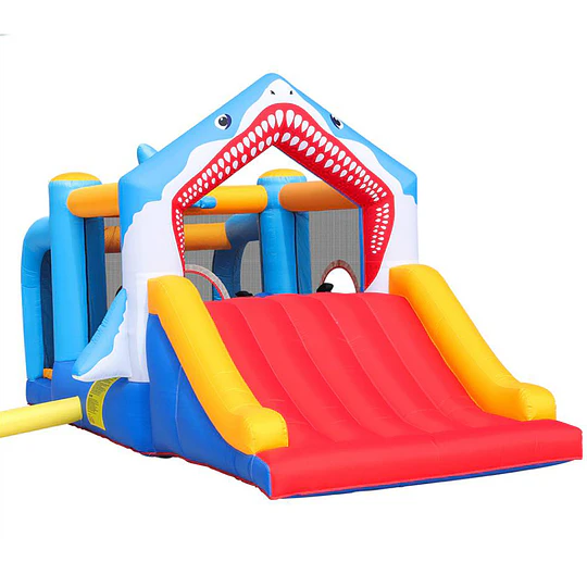 Castillo Inflable Infantil Grande Tiburón Kidscool con 3 Zonas de Juego, Tobogán y Soplador 450W