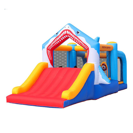 Castillo Inflable Infantil Grande Tiburón Kidscool con 3 Zonas de Juego, Tobogán y Soplador 450W