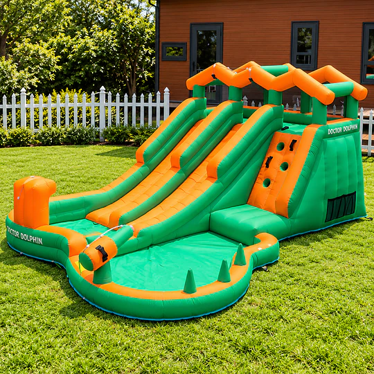 Juego Inflable Acuático Doble Tobogán Kidscool Con Escalador y Piscina