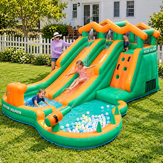 Juego Inflable Acuático Doble Tobogán Kidscool Con Escalador y Piscina