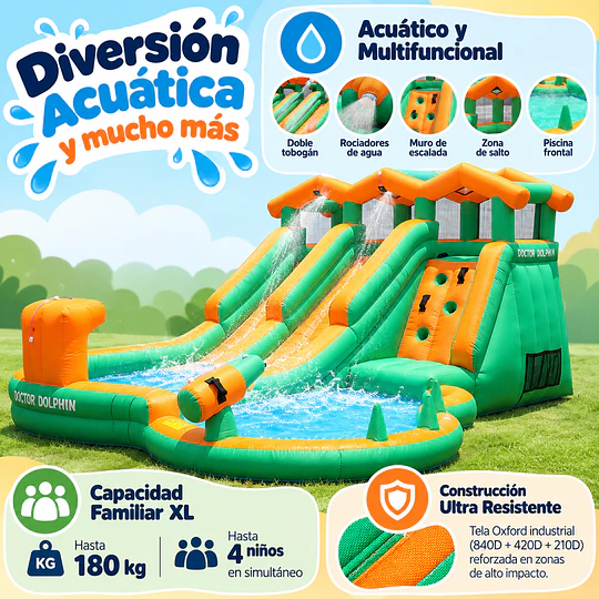 Juego Inflable Acuático Doble Tobogán Kidscool Con Escalador y Piscina