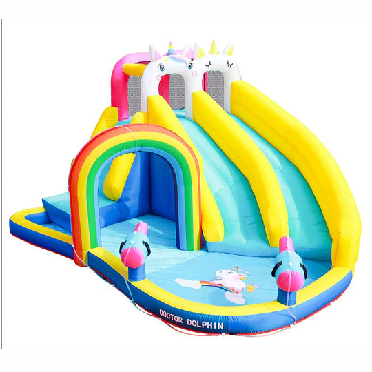  Juego Inflable Acuático Unicornio Arcoíris Kidscool Con Doble Tobogán y Piscina