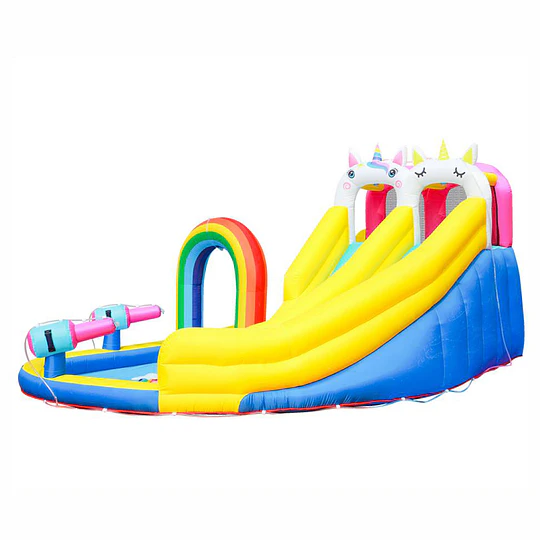  Juego Inflable Acuático Unicornio Arcoíris Kidscool Con Doble Tobogán y Piscina