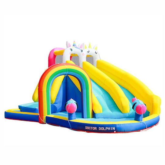 Juego Inflable Acuático Unicornio Arcoíris Kidscool Con Doble Tobogán y Piscina