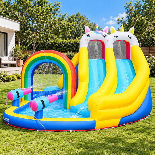  Juego Inflable Acuático Unicornio Arcoíris Kidscool Con Doble Tobogán y Piscina