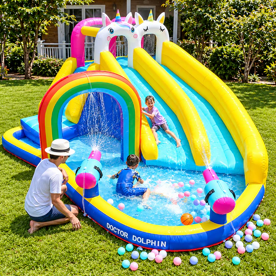  Juego Inflable Acuático Unicornio Arcoíris Kidscool Con Doble Tobogán y Piscina