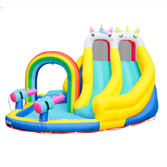  Juego Inflable Acuático Unicornio Arcoíris Kidscool Con Doble Tobogán y Piscina