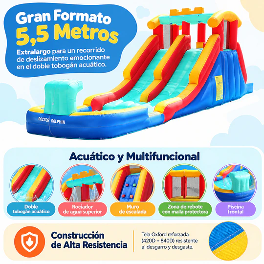  Juego Inflable Acuático Doble Tobogán Kidscool Con Escalador y Piscina 5.5m