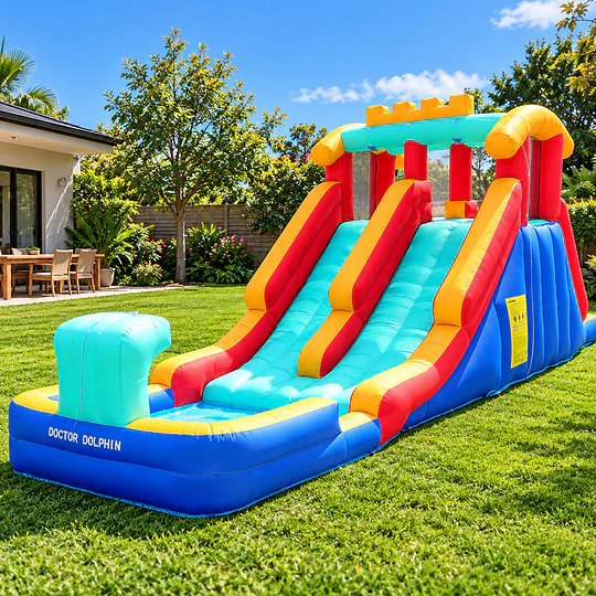  Juego Inflable Acuático Doble Tobogán Kidscool Con Escalador y Piscina 5.5m