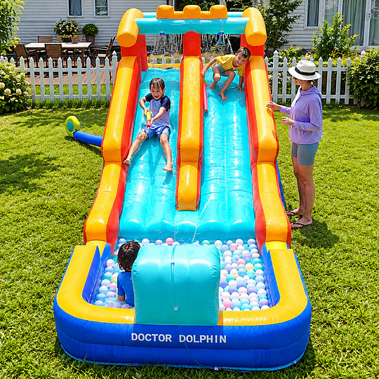  Juego Inflable Acuático Doble Tobogán Kidscool Con Escalador y Piscina 5.5m