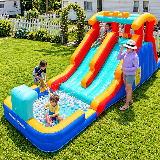  Juego Inflable Acuático Doble Tobogán Kidscool Con Escalador y Piscina 5.5m