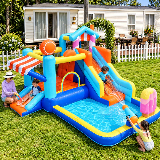 Centro de Juegos Inflable Acuático Candy House Kidscool Con Doble Tobogán y Piscina