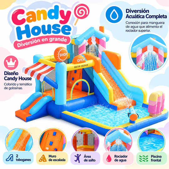 Centro de Juegos Inflable Acuático Candy House Kidscool Con Doble Tobogán y Piscina