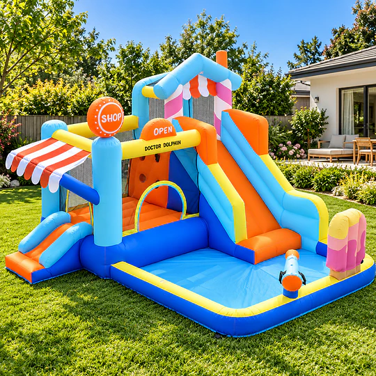Centro de Juegos Inflable Acuático Candy House Kidscool Con Doble Tobogán y Piscina